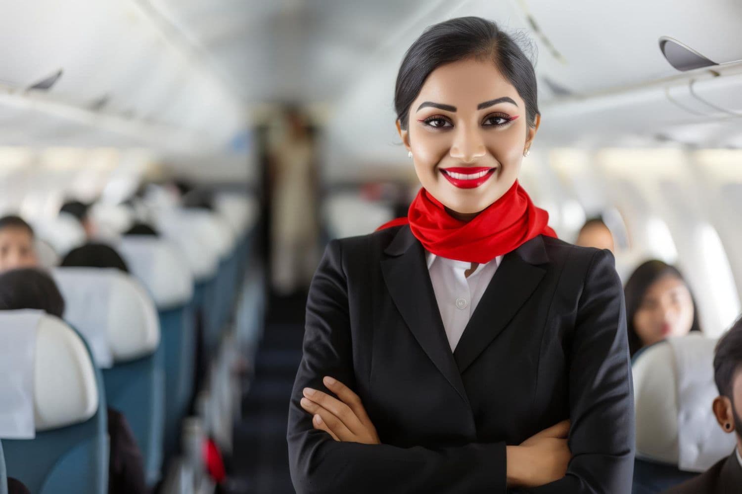 Professional cabin crew member in aircraft cabin
