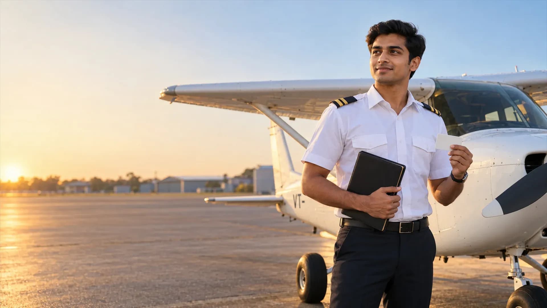 Indian pilot holding a logbook and licence card beside a VT-registered training aircraft